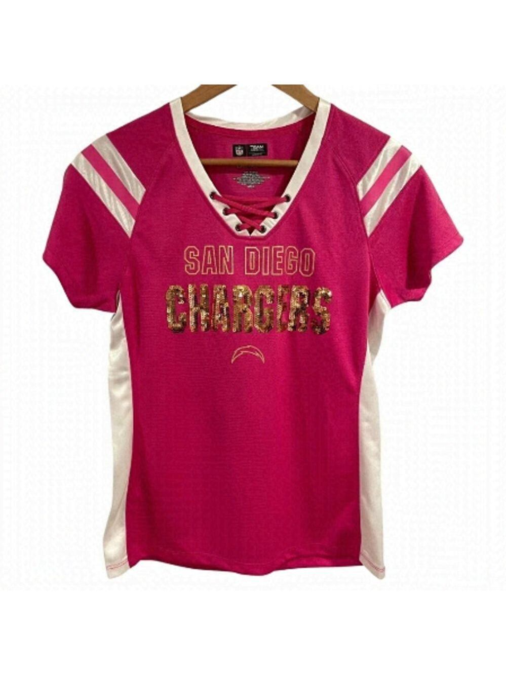 NWOT 🏈 Women’s San Diego CHARGERS Football Jersey Pink Gold Sequins Los Angeles
